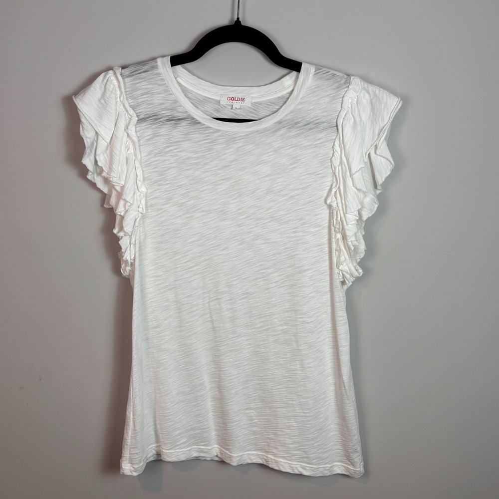 Goldie Lewinter Women 100% Pima Cotton White Ruffle Flutter Sleeve Large Classi